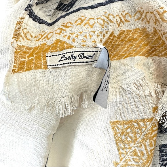 LUCKY BRAND scarf MINI FRINGE endings CREAM GOLD BLUE PRINT boHo scarf - Picture 3 of 6